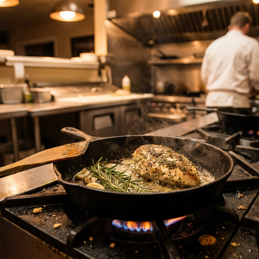 Cast-iron chicken on the line