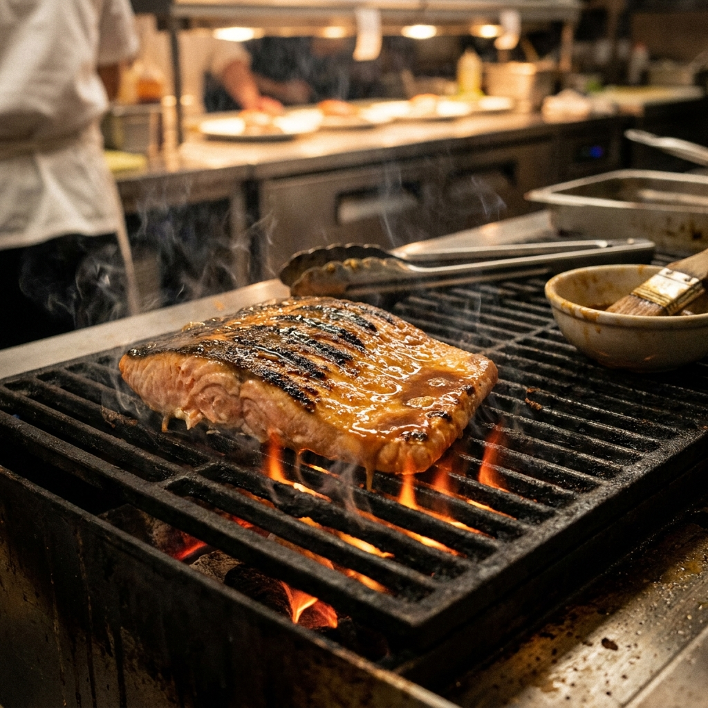 Miso-glazed salmon on the grill