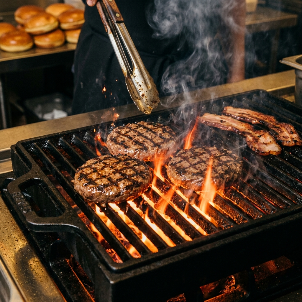 Burgers on the grill with flames